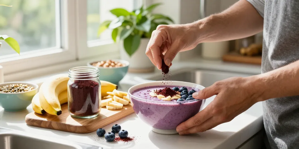 Camu camu powder being mixed into a healthy smoothie bowl with vibrant fruits, capturing a bright kitchen scene.