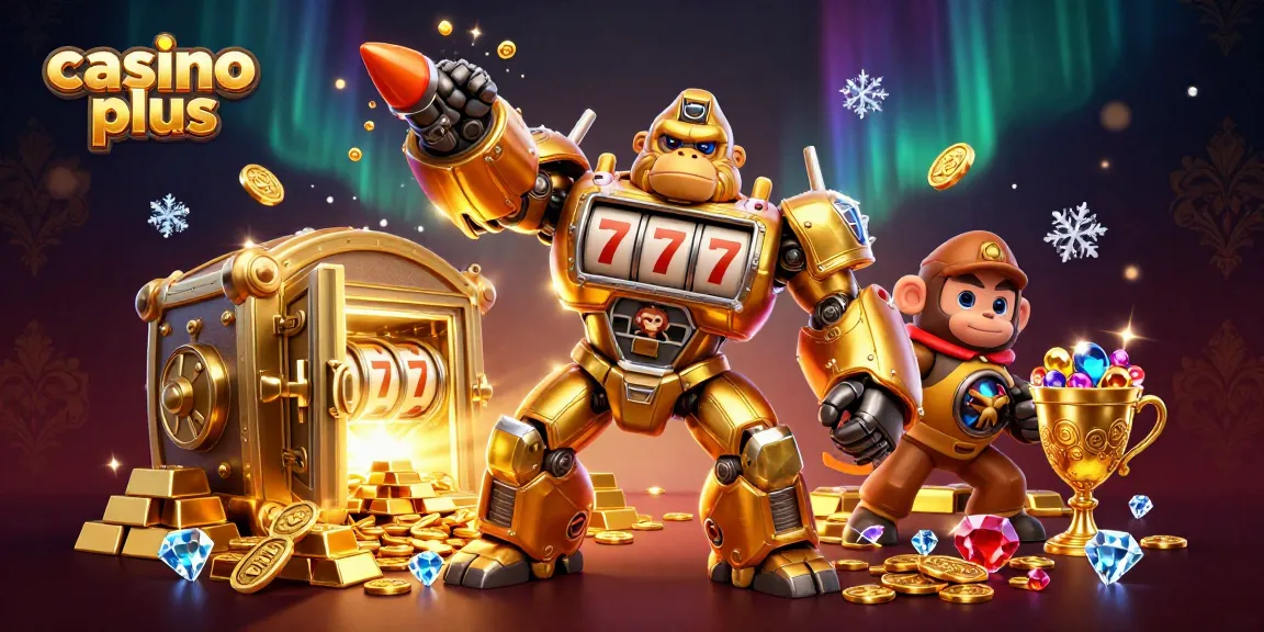 Win big at casino plus with 3D transformer gorilla mech surrounded by gold and jewels.