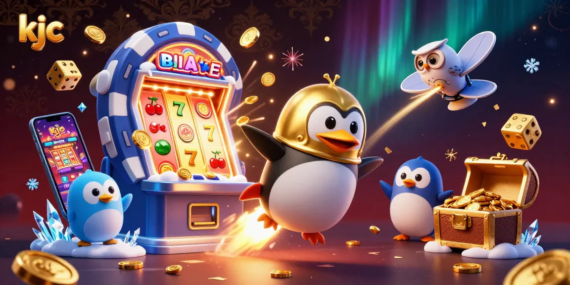 Experience the excitement of KJC with a rocket-powered penguin flying to a vibrant casino!
