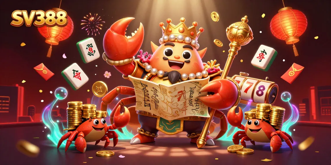 SV388's golden crab emperor commands the casino scene with treasure and festive elements.