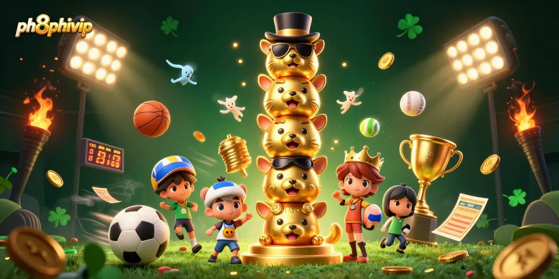 Experience the excitement at ph8phivip with dynamic sports elements and a golden totem in a rich, vibrant scene.