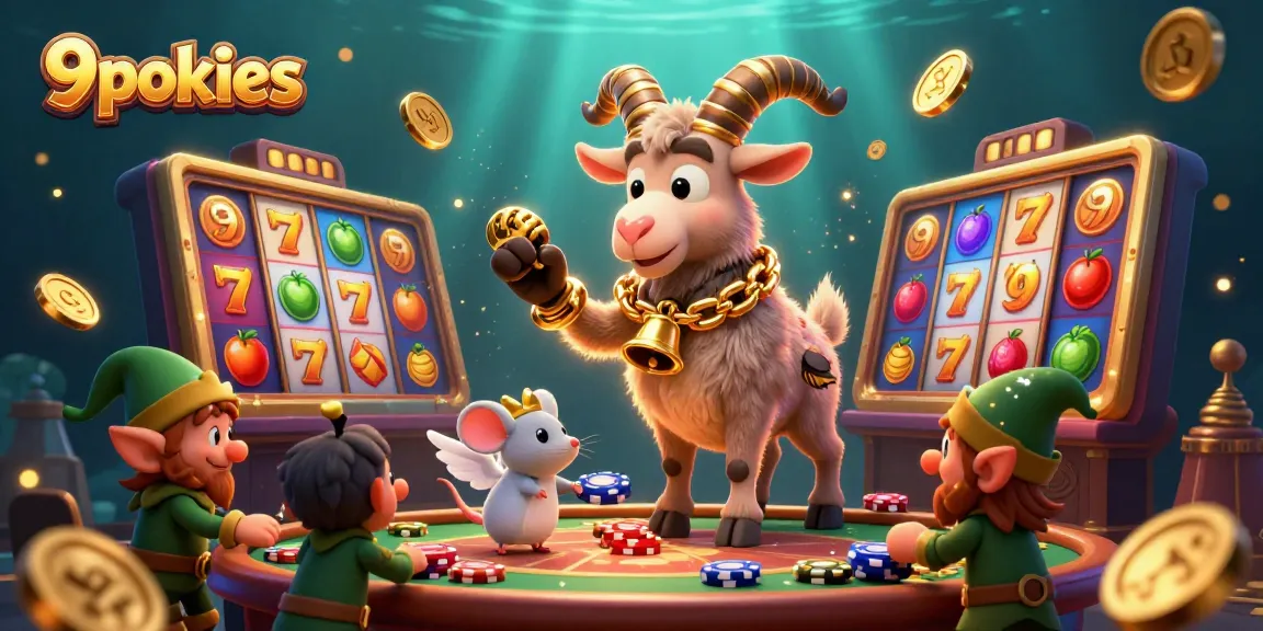 Experience the excitement of 9pokies with a festive Krampus goat overseeing a lively casino scene, as naughty elf gremlins steal poker chips.