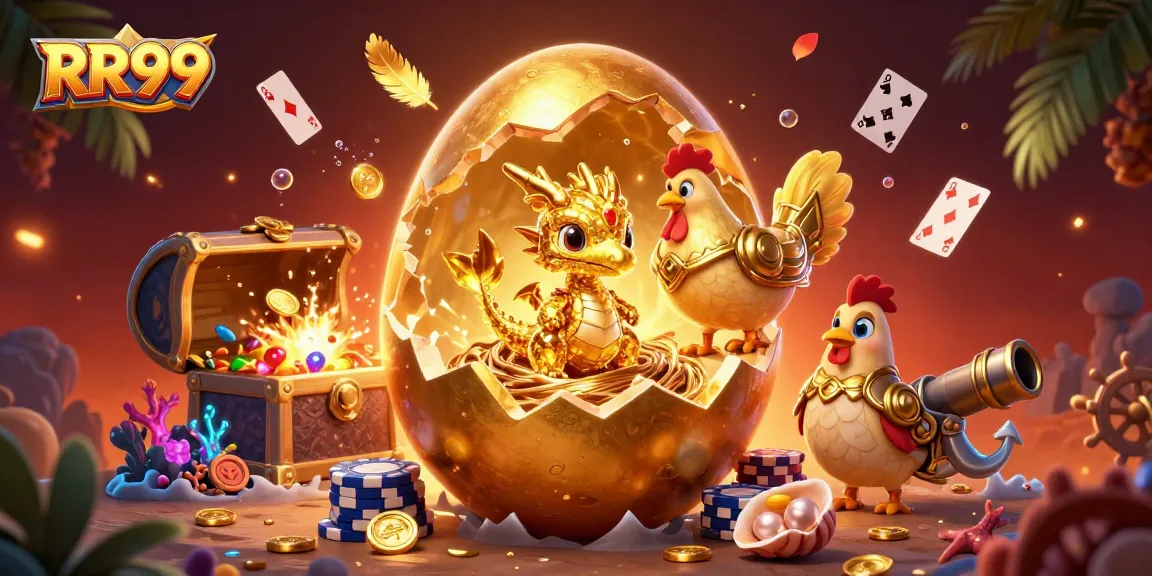 Experience the excitement at RR99 with a vivid scene of a golden egg hatching a dragon amidst poker chips and ocean treasures.