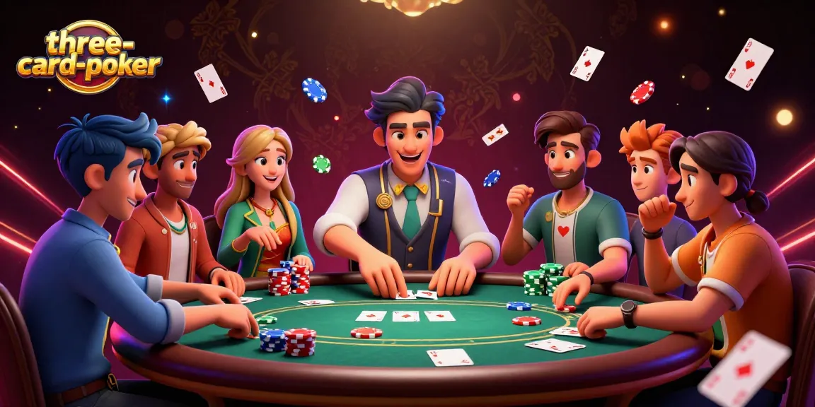 Engage in three-card-poker action with dynamic players and vibrant chips flying around