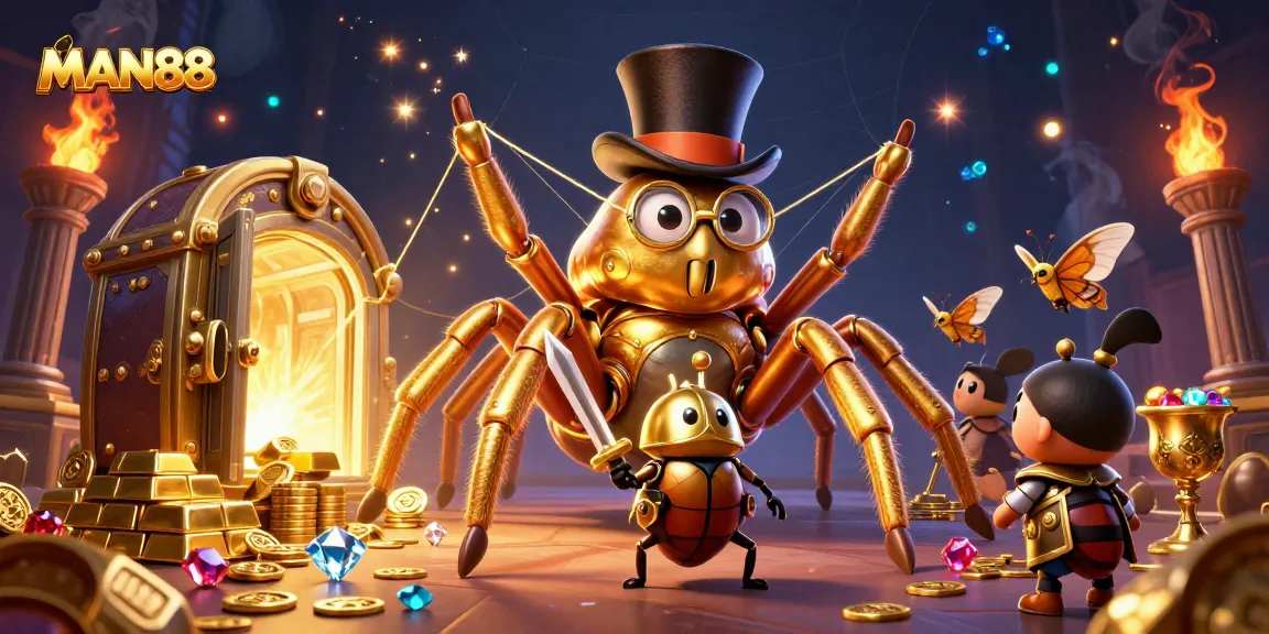 Engage with MAN88 in this vibrant gaming scene featuring a giant tarantula and a beetle knight.