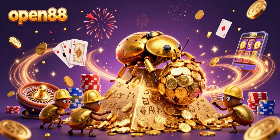 Experience the thrilling action at open88 with a vibrant illustration showcasing a golden beetle rolling coins and scattered casino elements.