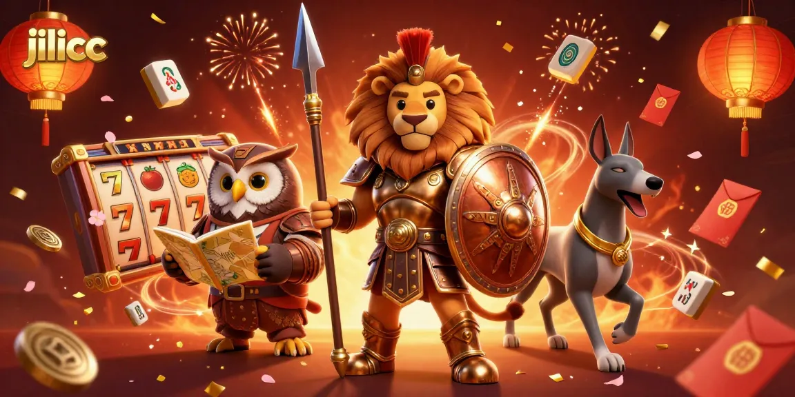 Experience diverse gaming excitement on jilicc with a stunning 3D illustration of a Spartan lion and casino elements.
