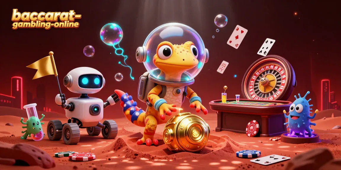 Baccarat-gambling-online scene with a Martian gecko and a robot enjoying a golden casino adventure.