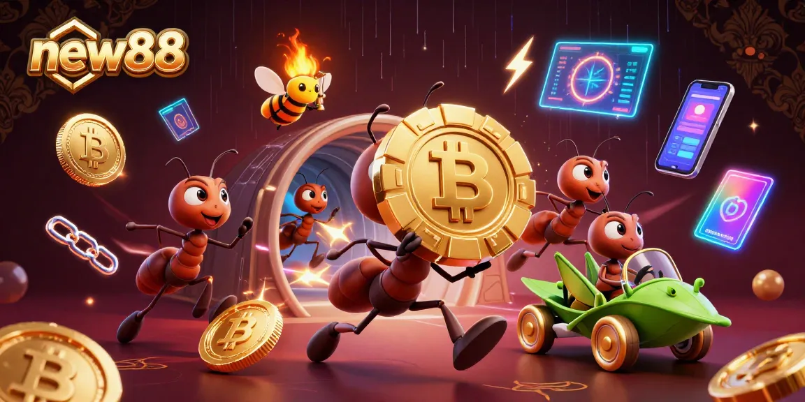 New88 ants heist scene, vibrant casino elements, golden poker chip action.