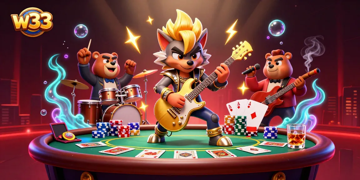 W33 casino scene with a rock star wolf and drummer bear amidst poker elements and vibrant effects.