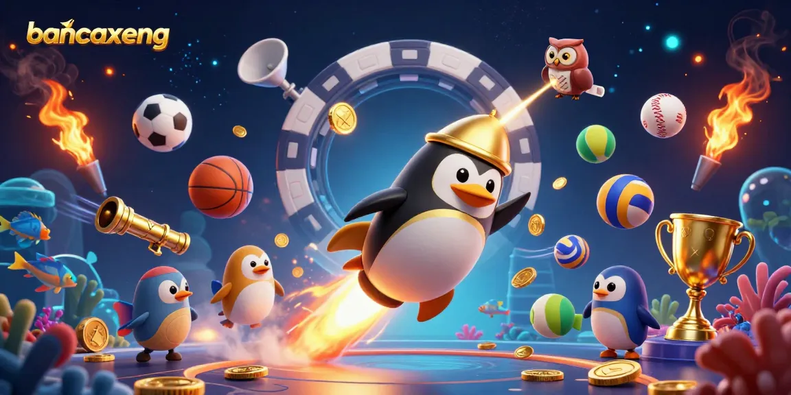 Engage with bancaxeng as the golden penguin blasts towards a casino, surrounded by colorful sea creatures.