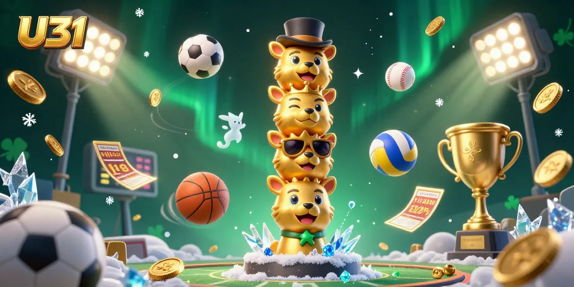 Engage in thrilling casino fun with U31, featuring a dynamic illustration of 3D sports elements and a golden totem.