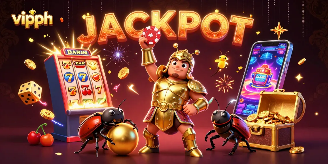 Engage with vipph's exciting games as the heroic beetle celebrates a jackpot win in a vivid casino illustration.