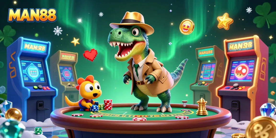 Players enjoy winnings at MAN88, featuring a velociraptor card counter and animated gaming atmosphere.