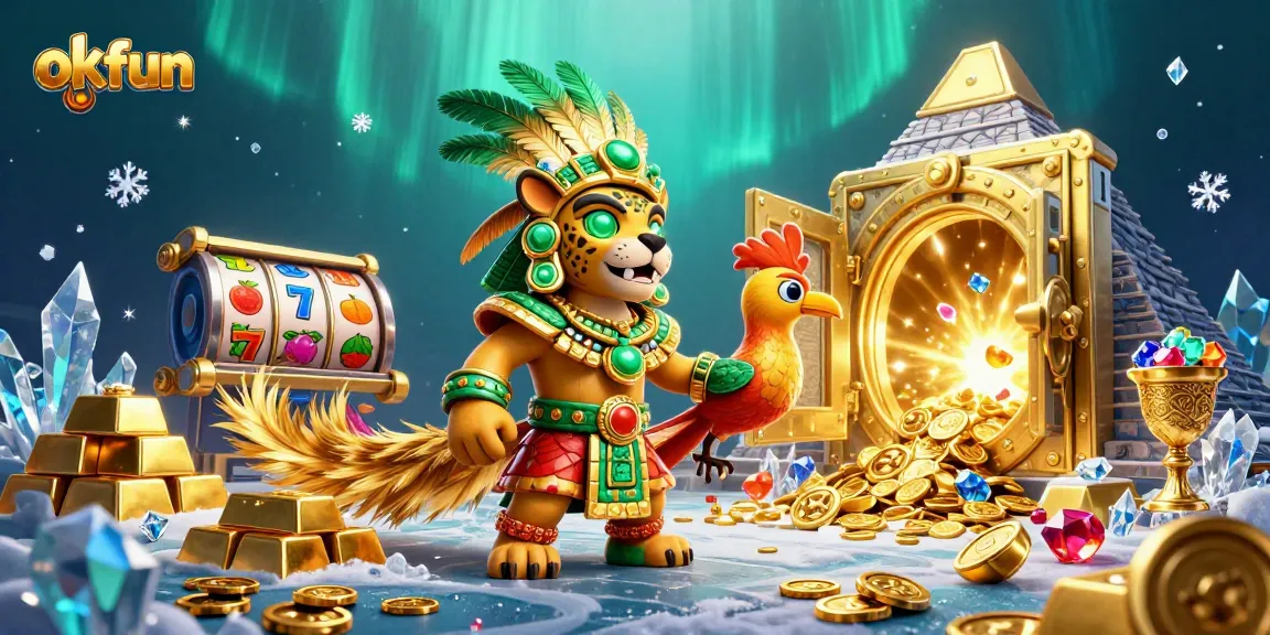 Spin and win BIG with okfun in a dazzling casino scene featuring a Mayan jaguar and treasures.