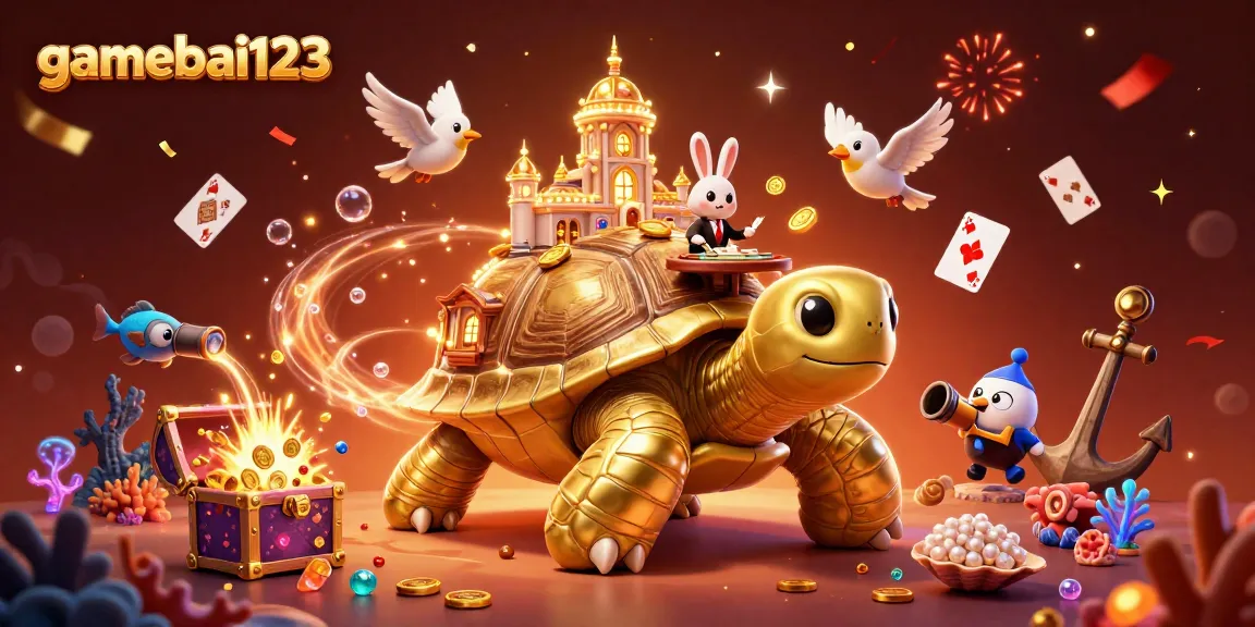 Experience gamebai123 with vibrant 3D casino illustration highlighting gambling elements and dynamic characters.