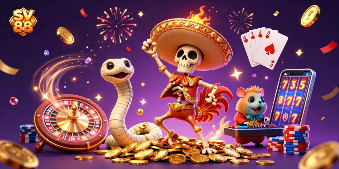 Experience the thrill of SV 88 with a vibrant 3D casino scene featuring lively characters and dazzling game elements.